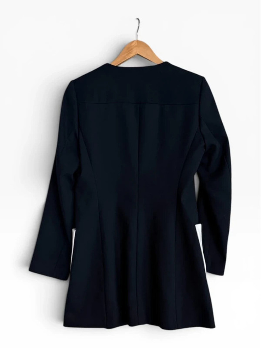Zara Basic Zip Up Round Neck Frock Coat Blazer Jacket Navy Blue White Trim Mod M - Picture 9 of 9